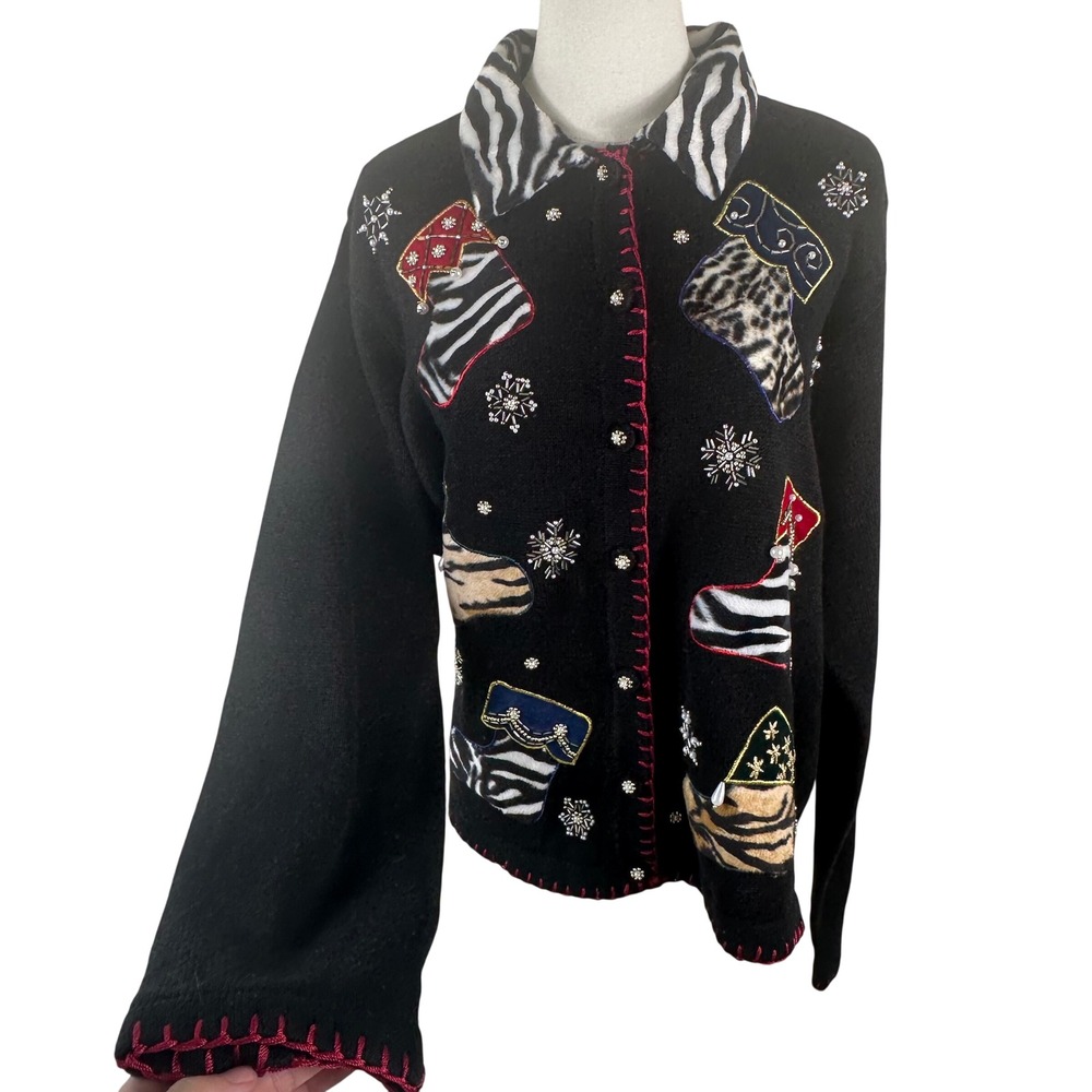 Vintage Victoria Jones Cardigan Women XL Black Ugly Christmas Sweater Zebra 90s